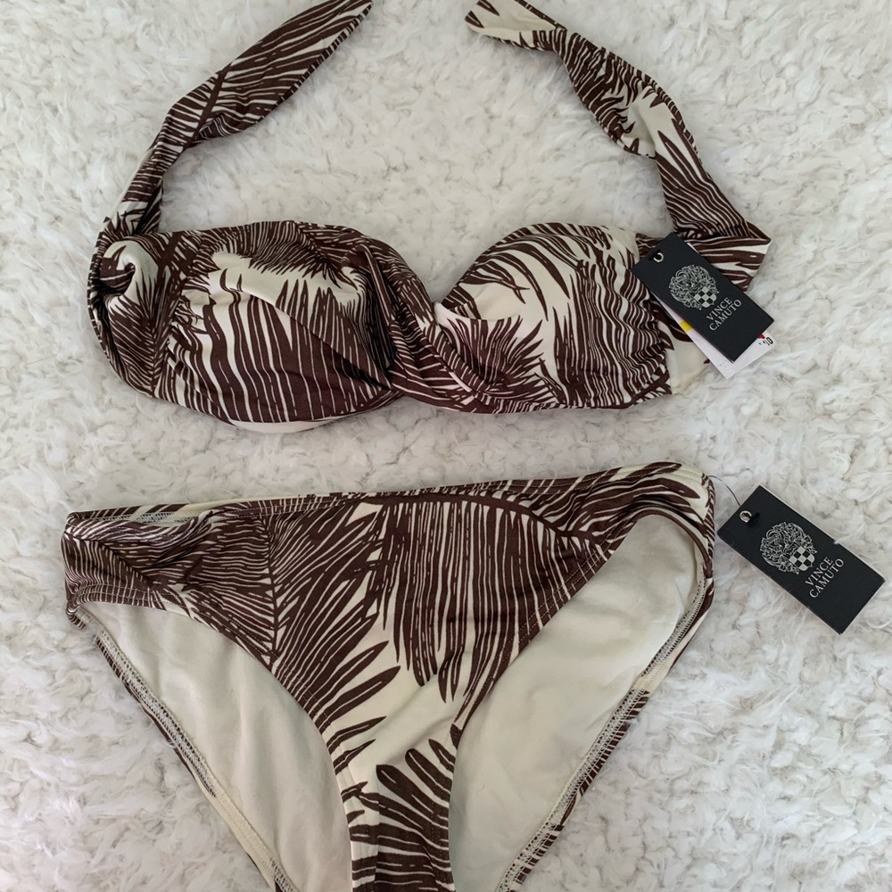 Palm Print Twist Front Bandeau Bikini NWT